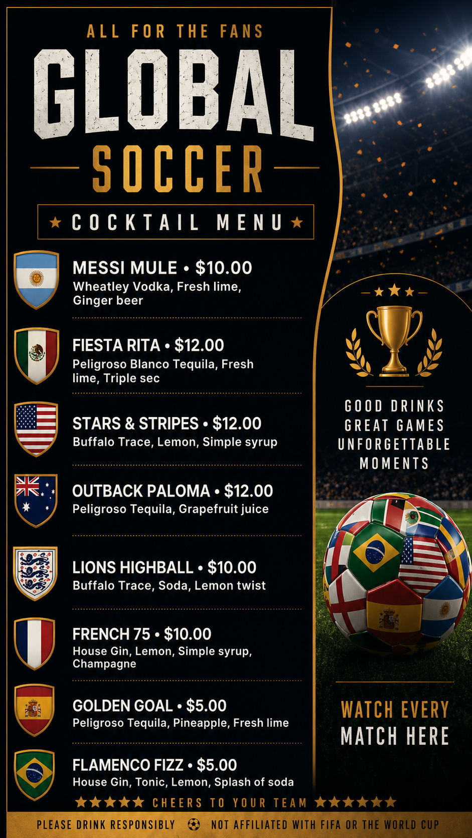 Specialty Drinks for the World Cup at Kelly's Craft Tavern.